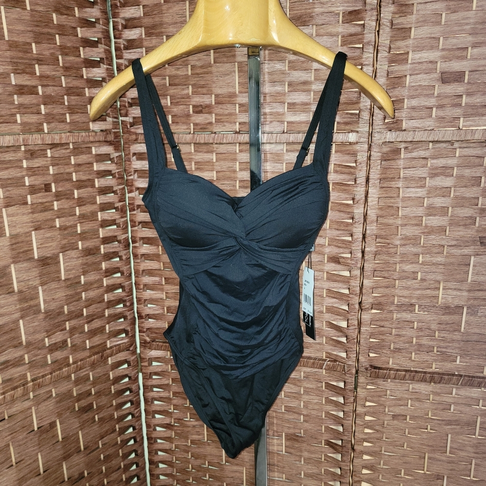 La Blanca Island Goddess Over Shoulder Rounched Front Bandeau One Piece Swimsuit